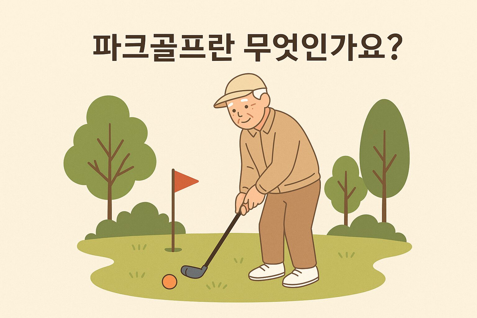  파크골프를 즐기고 있는 모습과 함께 "파크골프란 무엇인가요?"라는 질문이 담겨 있습니다.